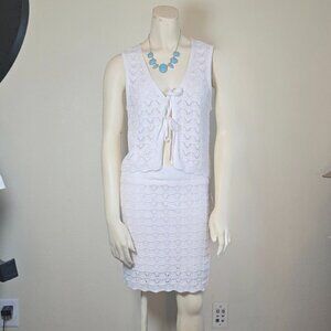 Vintage-Inspired Hippie Rose White Crochet Knit 2-Piece Set – Tank & Skirt – M